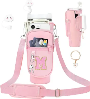 Initial A-Z Carrier Bag for Stanley Cup 40 oz, Stanley Cup Holder with Strap for Stanley 40 oz Tumbler with Handle, Stanley Cup Accessories with Stanley Cup Straw Cover - Spill Stopper - Letter Charm
