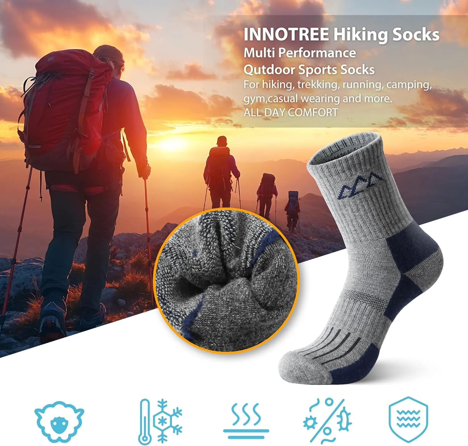 innotree 3 Pack Men's Merino Wool Hiking Socks, Micro Crew Cushioned Hiking Walking Thermal Moisture Wicking Trekking Socks