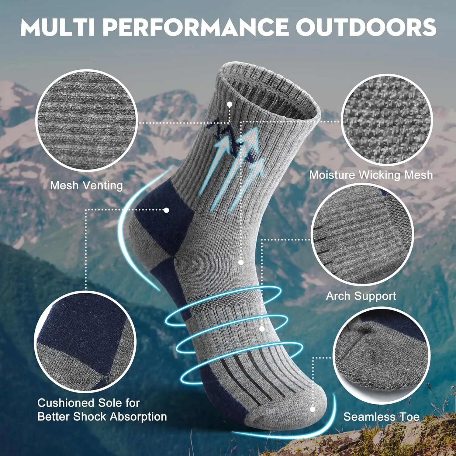 innotree 3 Pack Men's Merino Wool Hiking Socks, Micro Crew Cushioned Hiking Walking Thermal Moisture Wicking Trekking Socks