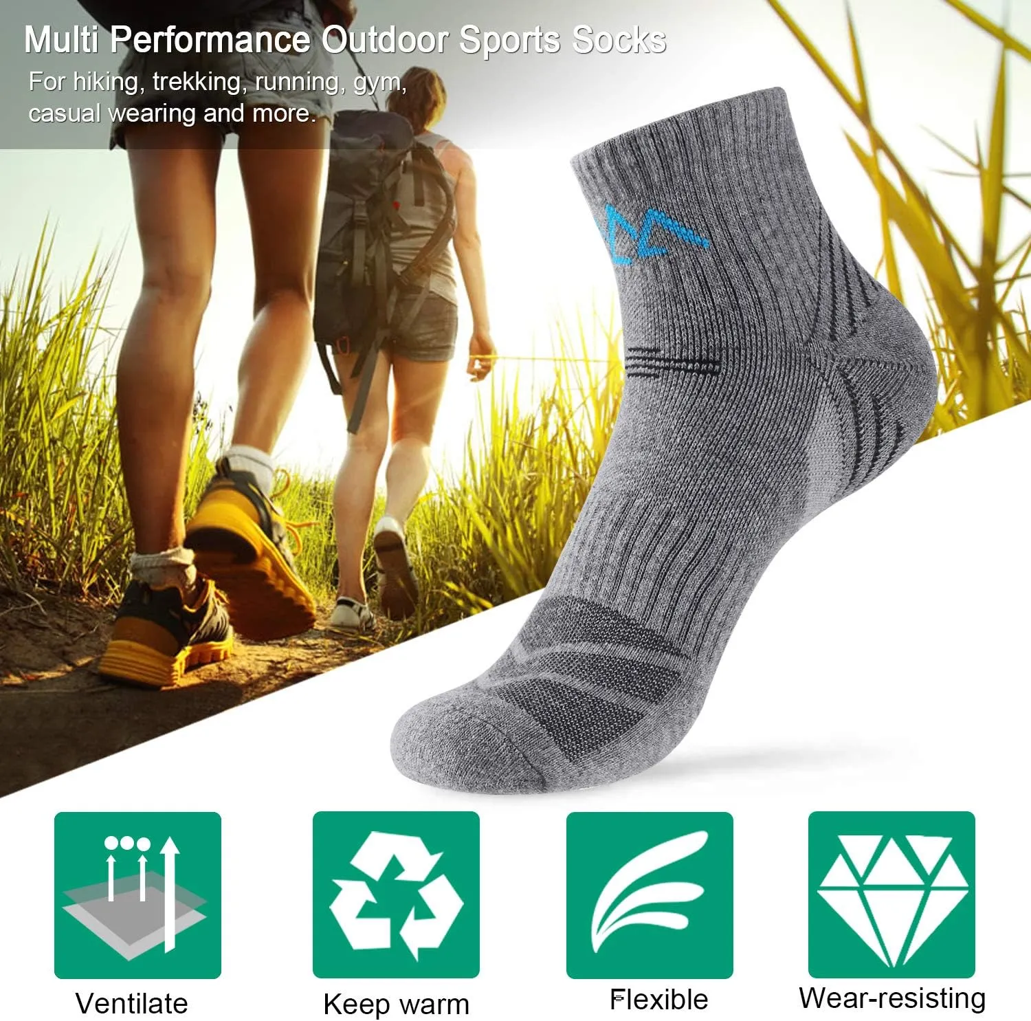 innotree 5 Pack Men's Cushioned Hiking Walking Running Socks,Moisture Wicking Multi Performance Quarter Crew Athletic Socks