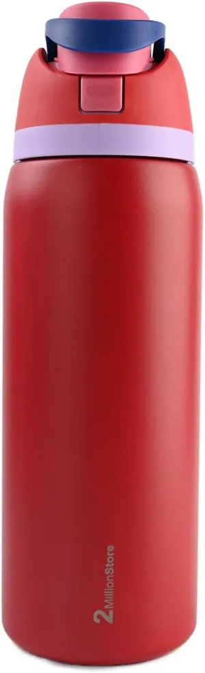 Insulated Water Bottle – Stainless Steel, Leakproof, 24H Cold & 12H Hot, Straw & Spout Lid, BPA-Free, Travel, Gym, Hiking, Sports Flask (Red, 24 Oz / 706ml)