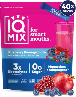 IQMIX Hydration Electrolyte Powder – 4-in-1 Formula for Hydration, Mental Clarity, Mood and Recovery – Sugar-Free Drink Mix, Keto, Magnesium L-Threonate, Lion’s Mane – 40 Count Blueberry Pomegranate