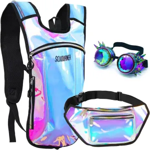 Iridescent Blue Small Hydration Pack Bundle with Iridescent Blue Fanny Pack and Iridescent Rainbow Goggles