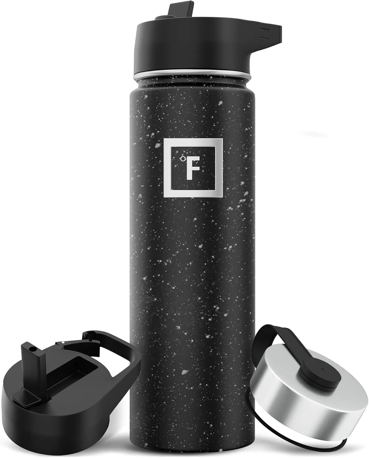IRON °FLASK Camping & Hiking Hydration Flask with 3 Lids - Stainless Steel, Double Walled & Vacuum Insulated Water Bottle - Leak Proof & BPA Free (Black Speckle, Straw - 22 oz)