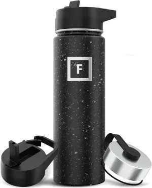 IRON °FLASK Camping & Hiking Hydration Flask with 3 Lids - Stainless Steel, Double Walled & Vacuum Insulated Water Bottle - Leak Proof & BPA Free (Black Speckle, Straw - 22 oz)