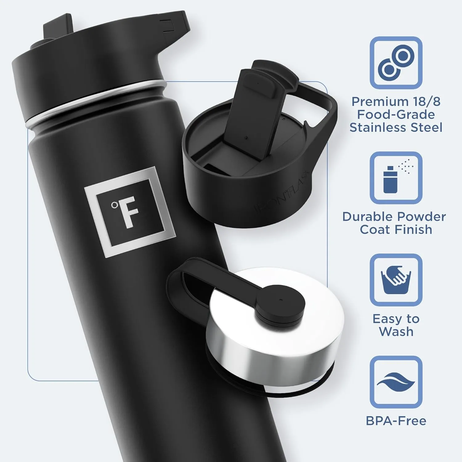 IRON °FLASK Camping & Hiking Hydration Flask with 3 Lids - Stainless Steel, Double Walled & Vacuum Insulated Water Bottle - Leak Proof & BPA Free (Black Speckle, Straw - 22 oz)