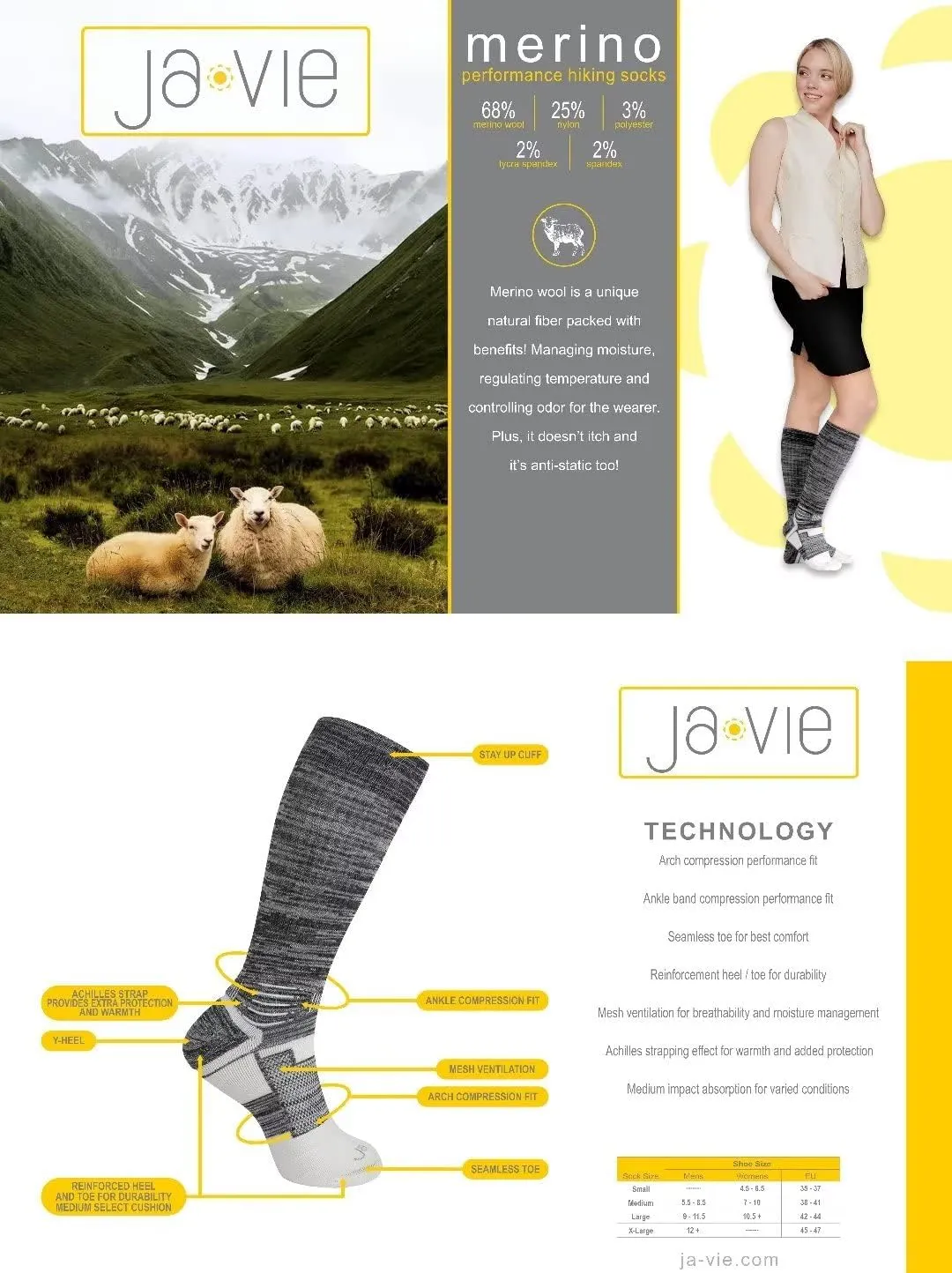 ja vie JAVIE 68% Merino Wool Performance Breathable Knee High Socks for Women & Men