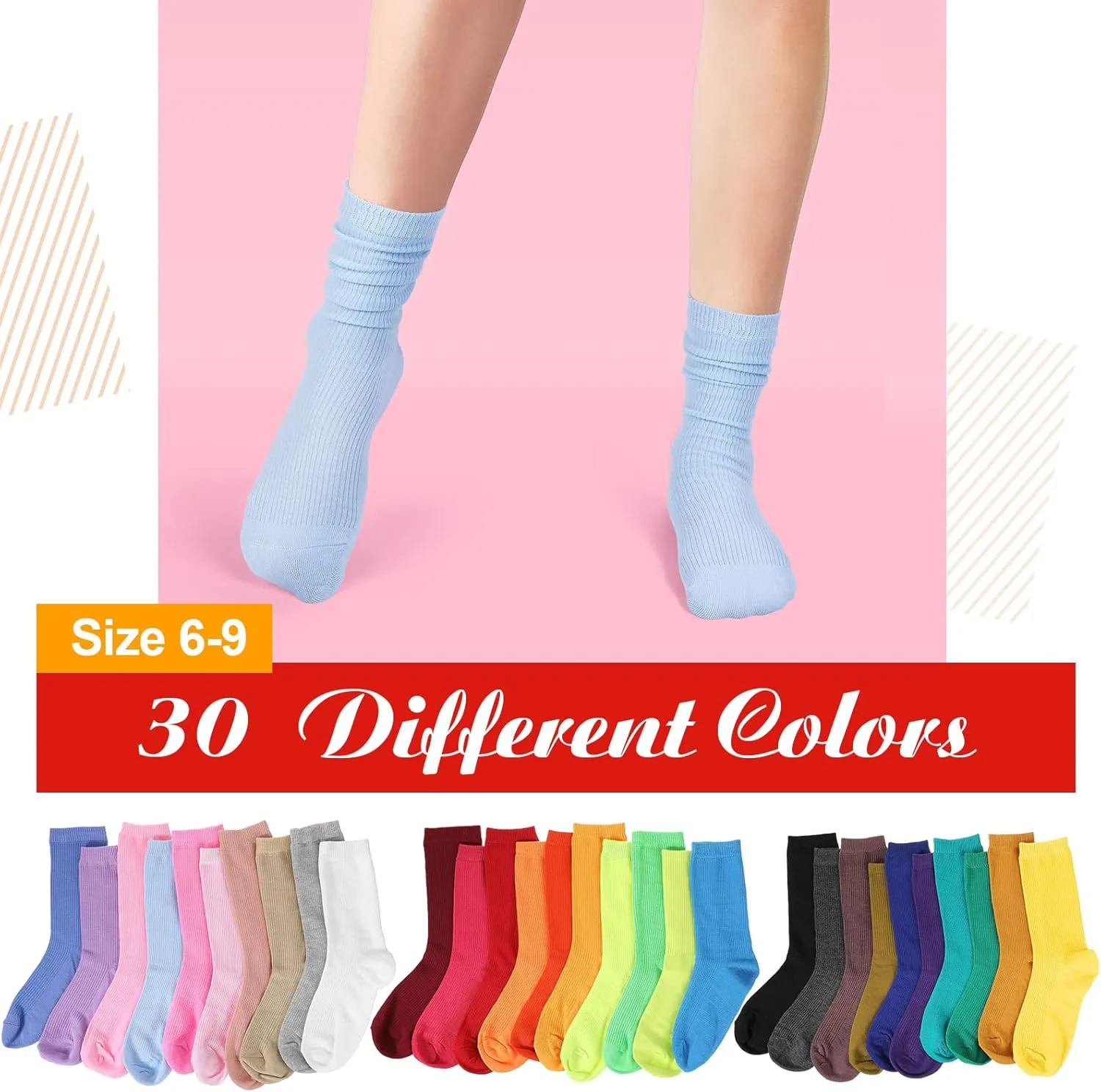 Jadive 30 Pairs Womens Crew Socks Solid Color Socks Lightweight Cute Women Cotton Gym Athletic