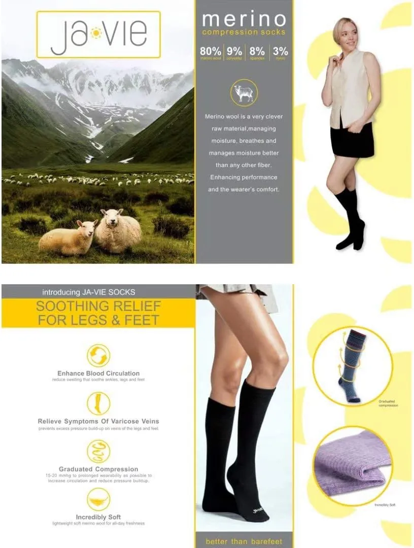 JAVIE 76% Merino Wool Compression Socks 15-20mmHg Seamless Toe for Women & Men