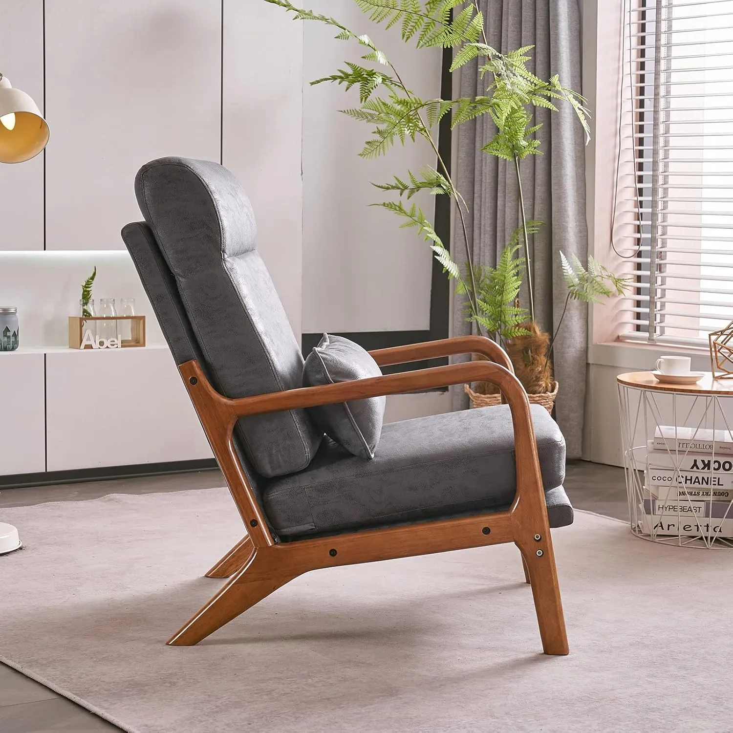 JOYBASE Mid Century Modern Lounge Chair - High Back, Wooden Frame, Comfortable Reading Chair for Living Room, Office, Bedroom (Dark Grey, Bronzing Cloth)