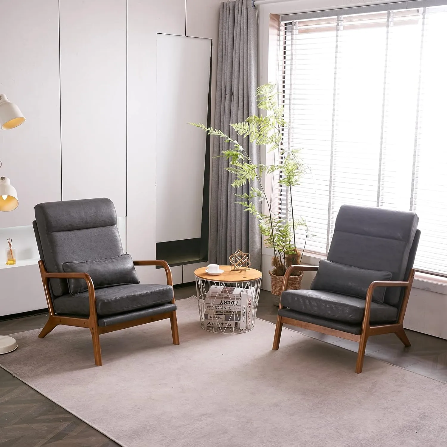 JOYBASE Mid Century Modern Lounge Chair - High Back, Wooden Frame, Comfortable Reading Chair for Living Room, Office, Bedroom (Dark Grey, Bronzing Cloth)