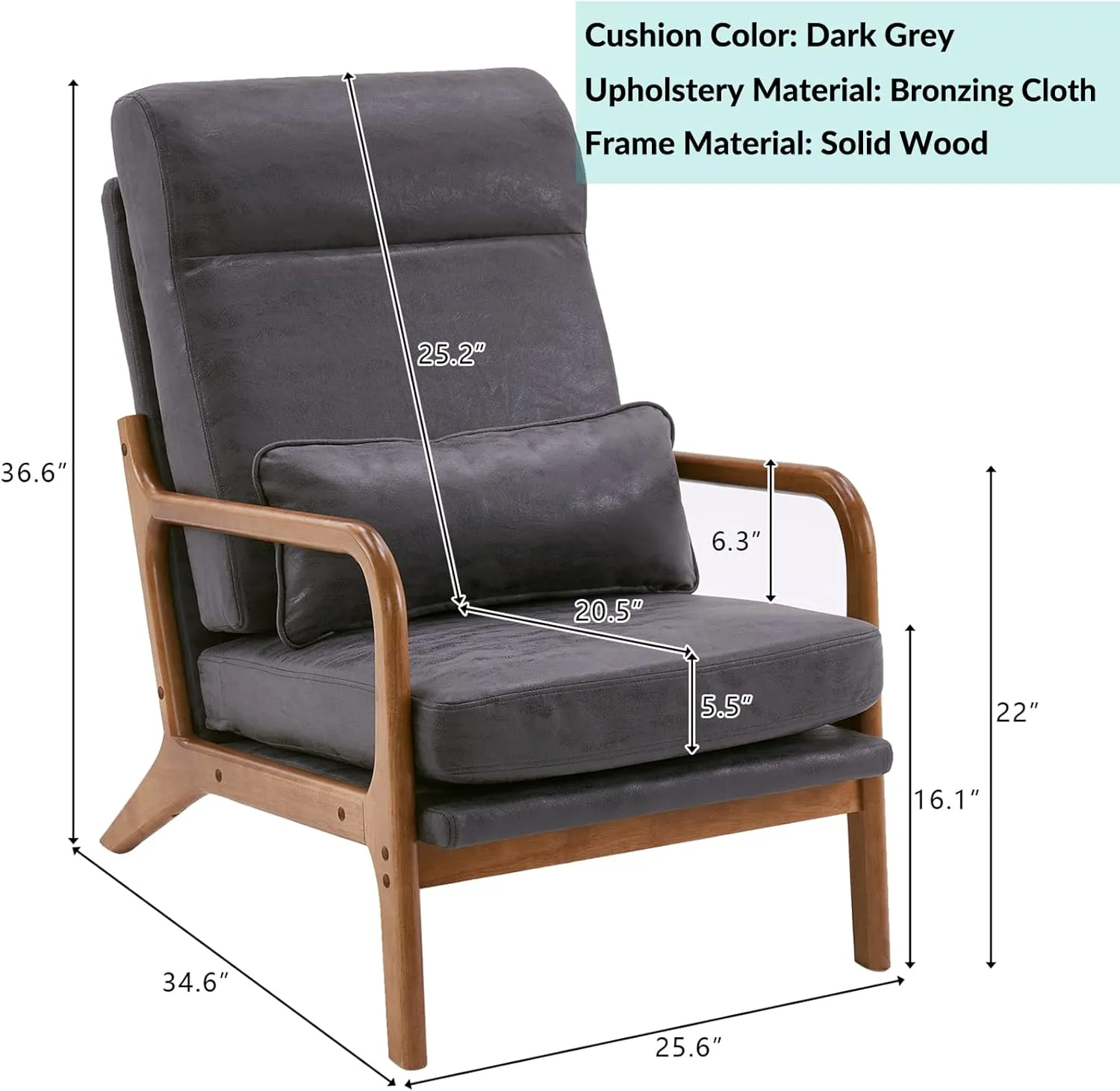 JOYBASE Mid Century Modern Lounge Chair - High Back, Wooden Frame, Comfortable Reading Chair for Living Room, Office, Bedroom (Dark Grey, Bronzing Cloth)