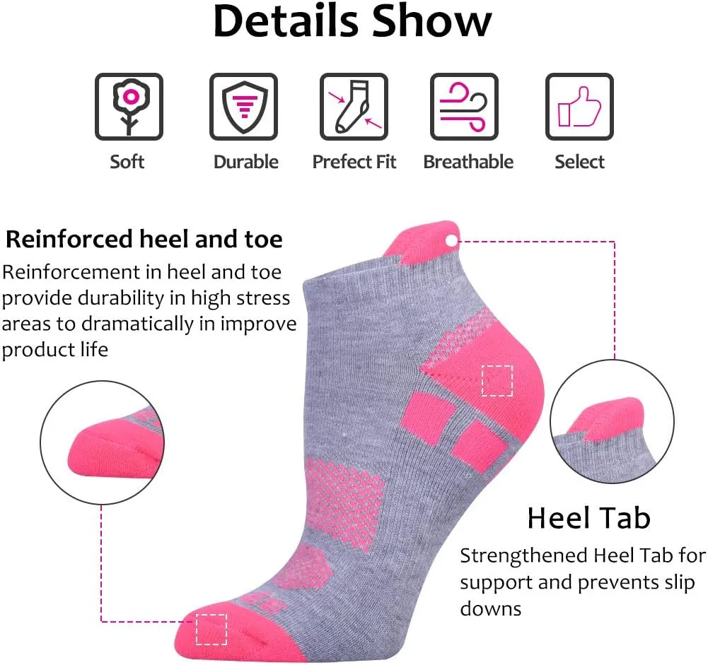 JOYNÉE 6 Pairs Women's Ankle Athletic Running Socks Performance Cushioned Low Cut Sports Socks with Heel Tab