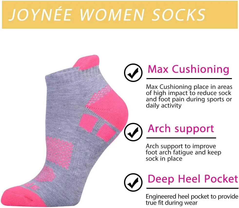 JOYNÉE 6 Pairs Women's Ankle Athletic Running Socks Performance Cushioned Low Cut Sports Socks with Heel Tab