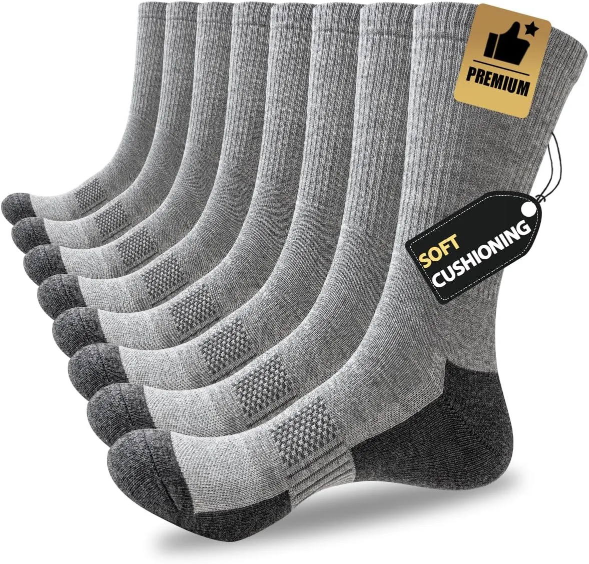 JOYNÉE 8 Pairs Mens Cushioned Crew Athletic Socks, Moisture Wicking Breathable Socks for Sport Running,Grey,Sock Size:10-13