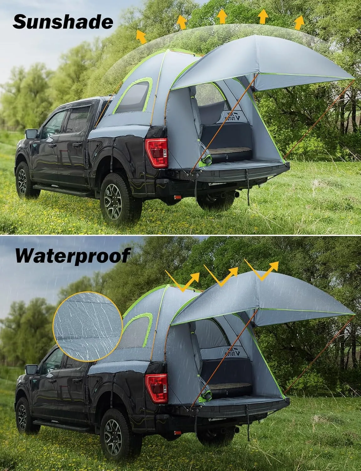 JOYTUTUS Pickup Truck Tent 6.5ft Bed Tent with Removable Awning, Waterproof PU2000mm Double Layer for 2 Person, Portable Truck Bed Tent - Green, Aluminum Pole