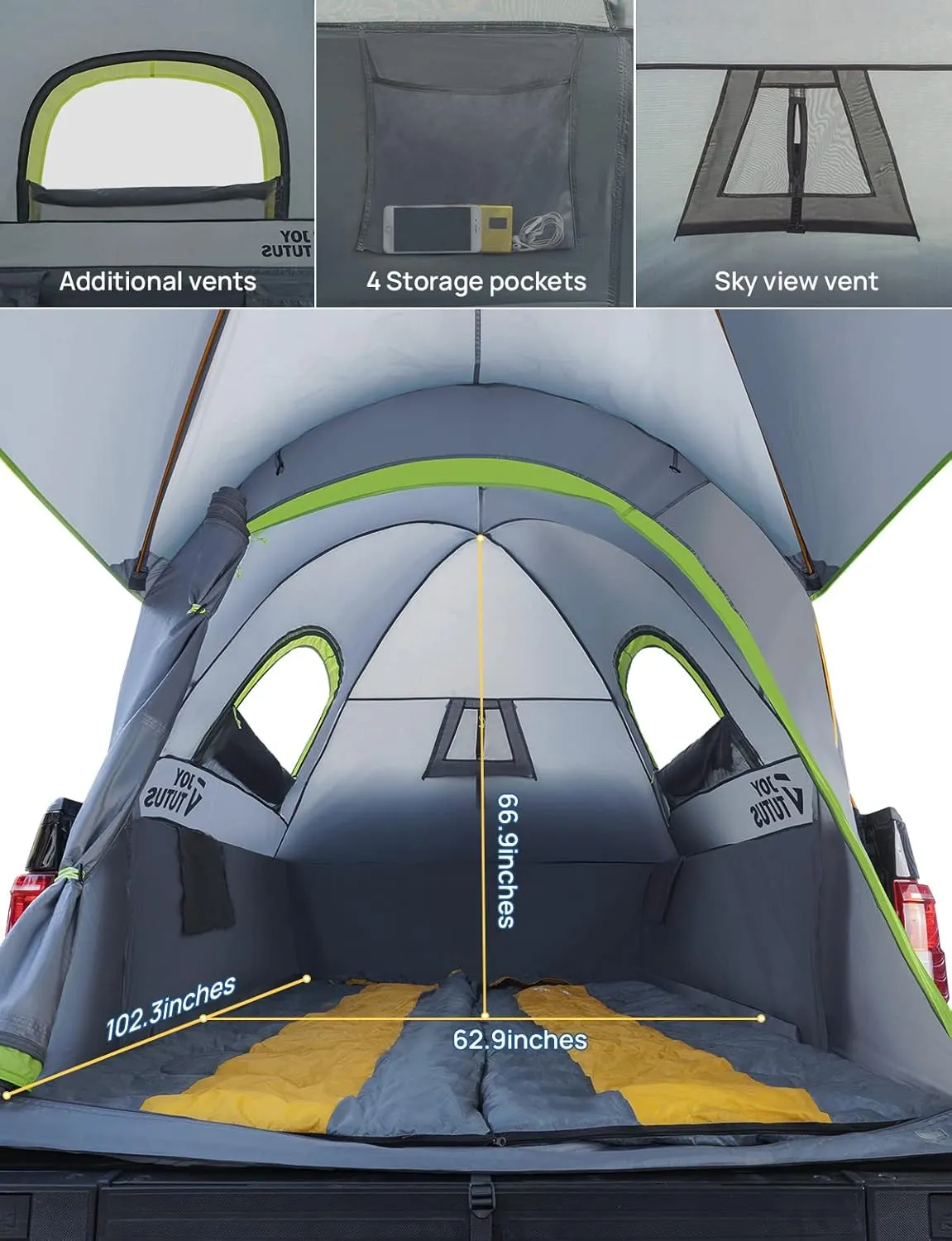 JOYTUTUS Pickup Truck Tent 6.5ft Bed Tent with Removable Awning, Waterproof PU2000mm Double Layer for 2 Person, Portable Truck Bed Tent - Green, Aluminum Pole