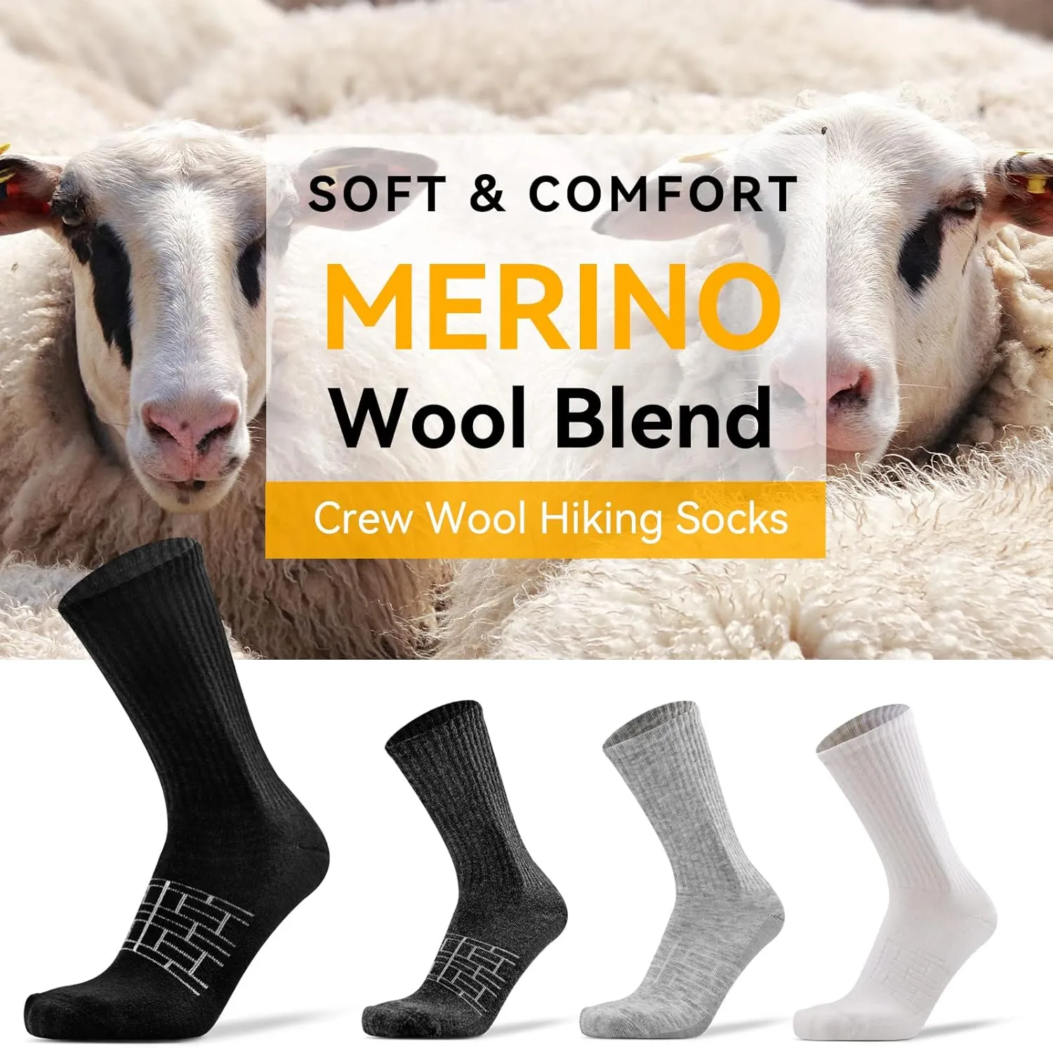 JSPA 4 Pack Men's Merino Wool Hiking Sport Socks Women's Crew Warm Thick Cushioned Outdoor Athletic Socks for Walking Running