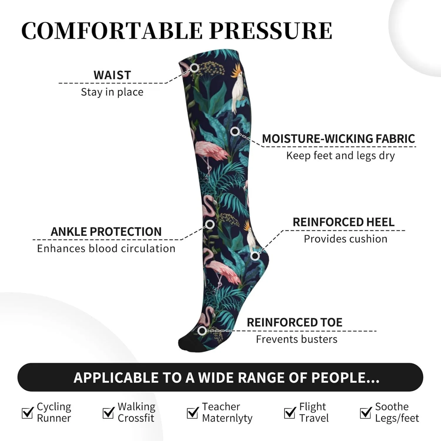 Jungle Trees Flamingo 15-20 Mmhg Compression Socks Support For Circulation