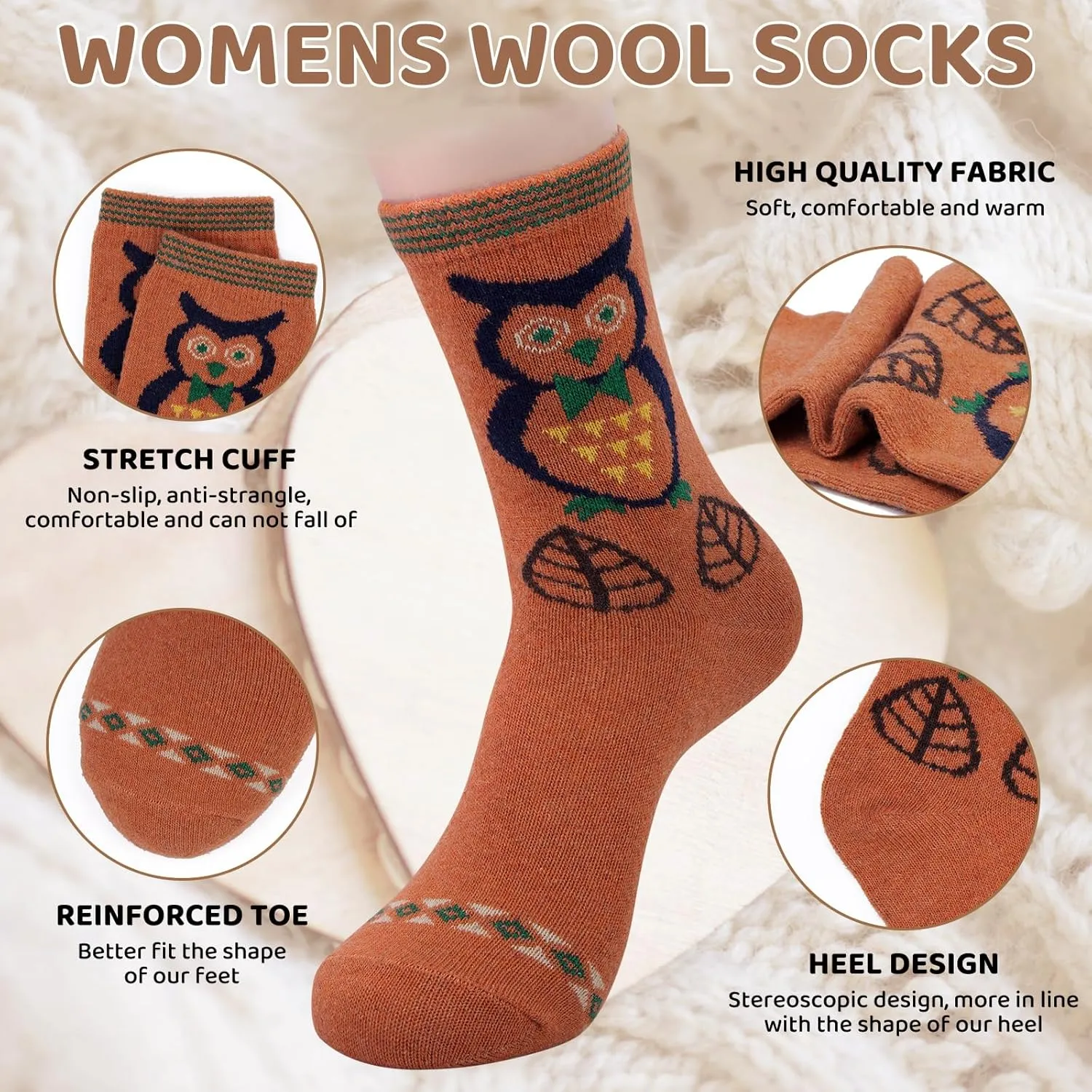 Justay 5 Pairs Womens Wool Socks Thick Warm Winter Socks Casual Cozy Socks Vintage Knit Crew Socks Gift for Women