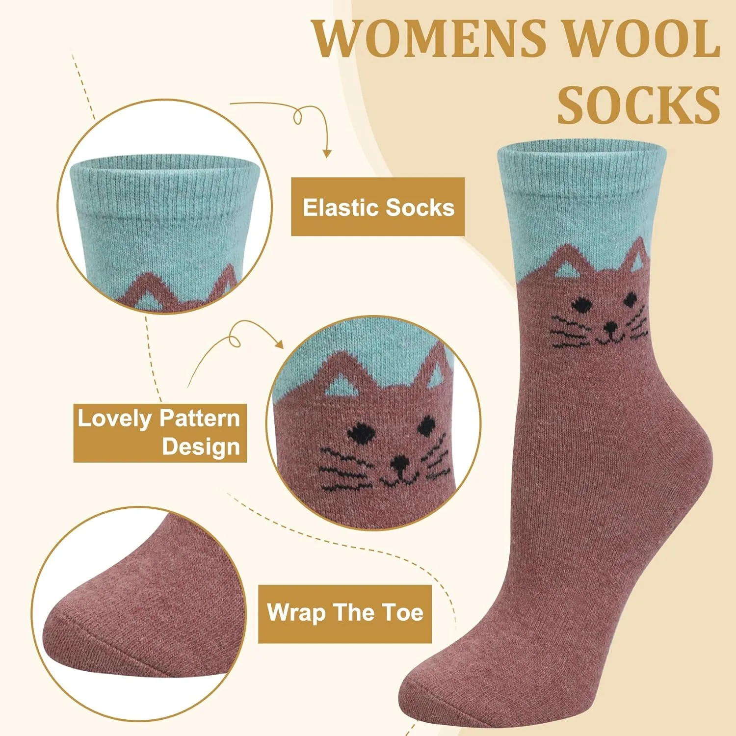 Justay 5 Pairs Womens Wool Socks Thick Warm Winter Socks Casual Cozy Socks Vintage Knit Crew Socks Gift for Women