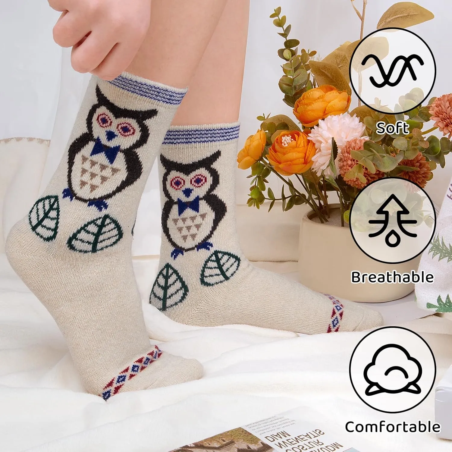 Justay 5 Pairs Womens Wool Socks Thick Warm Winter Socks Casual Cozy Socks Vintage Knit Crew Socks Gift for Women