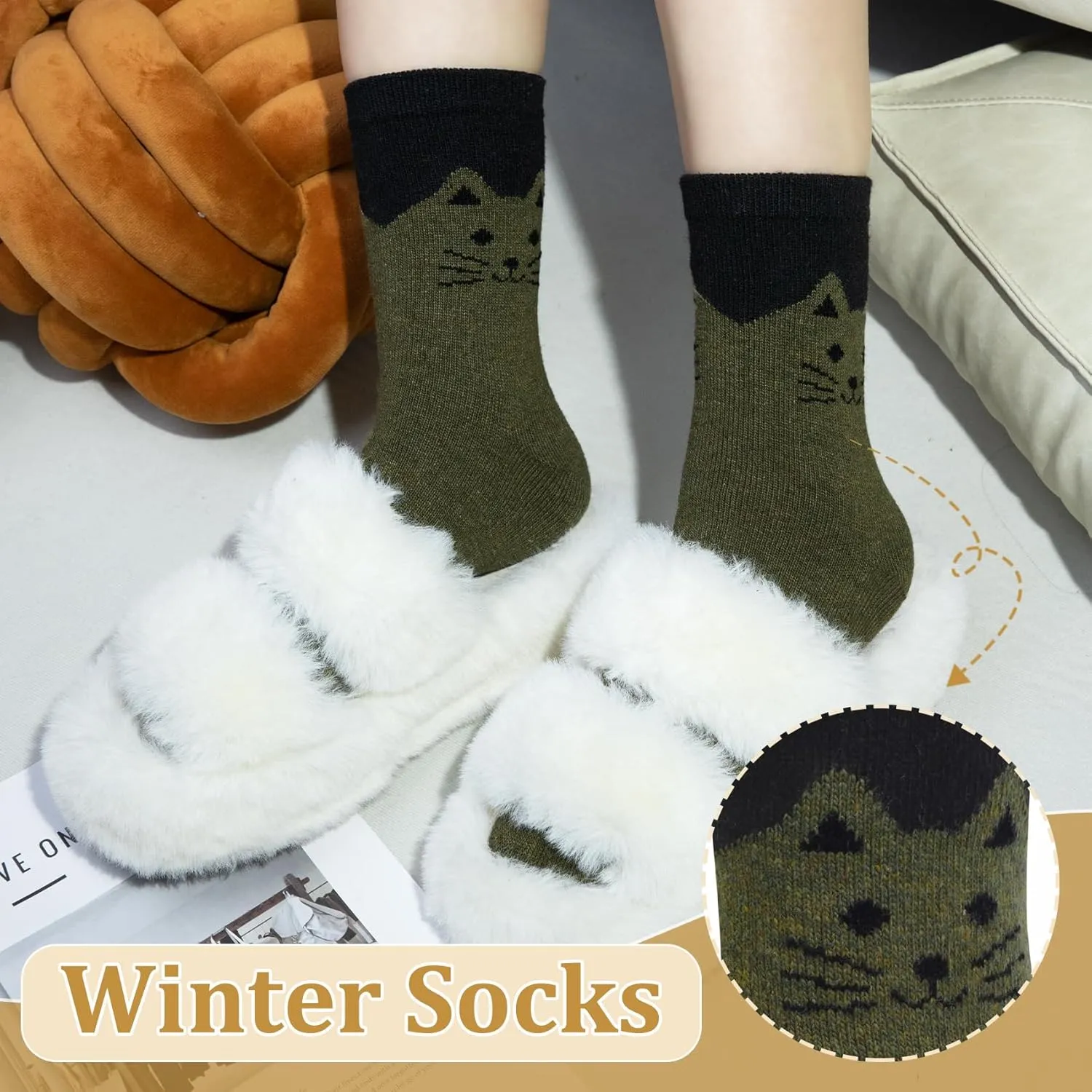Justay 5 Pairs Womens Wool Socks Thick Warm Winter Socks Casual Cozy Socks Vintage Knit Crew Socks Gift for Women