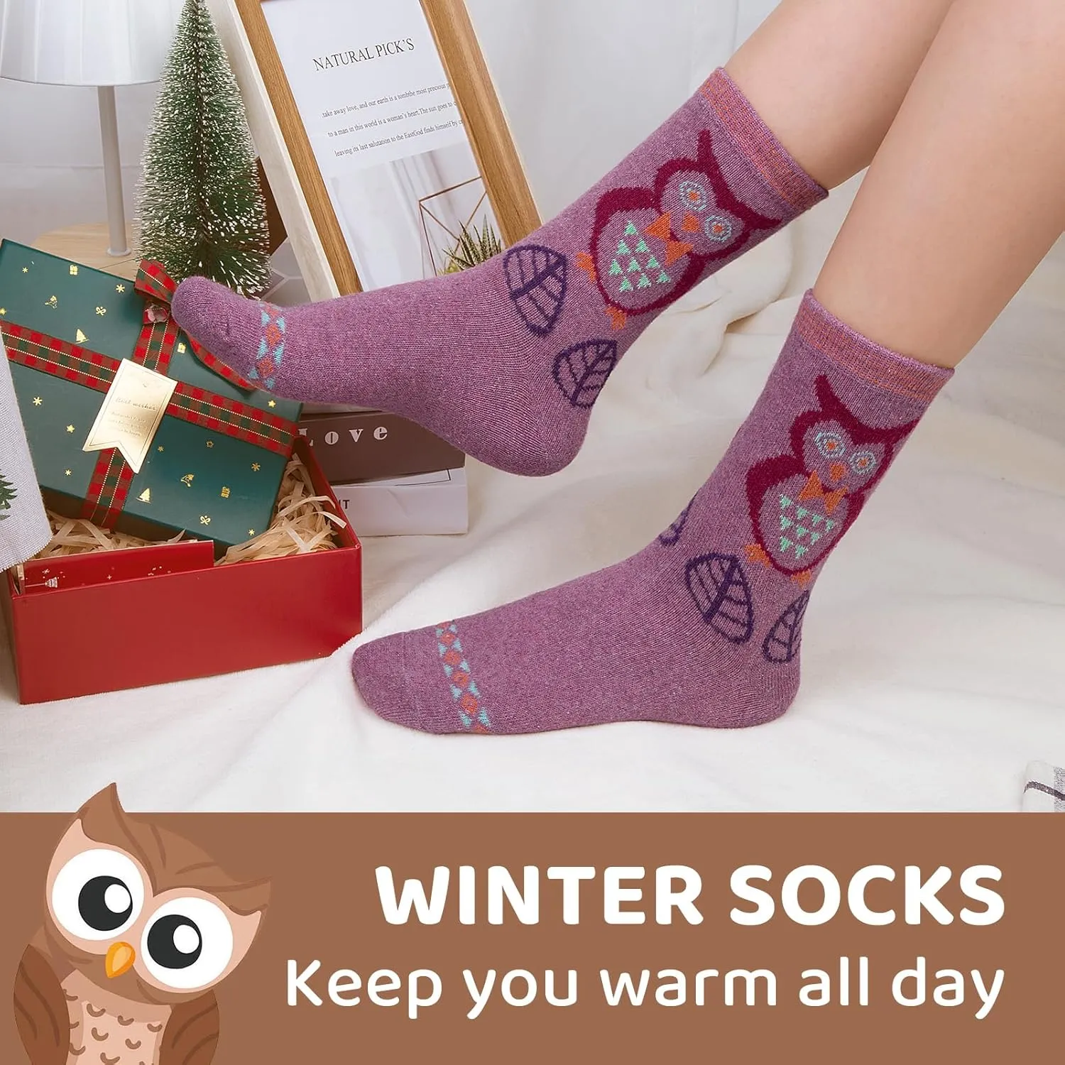 Justay 5 Pairs Womens Wool Socks Thick Warm Winter Socks Casual Cozy Socks Vintage Knit Crew Socks Gift for Women