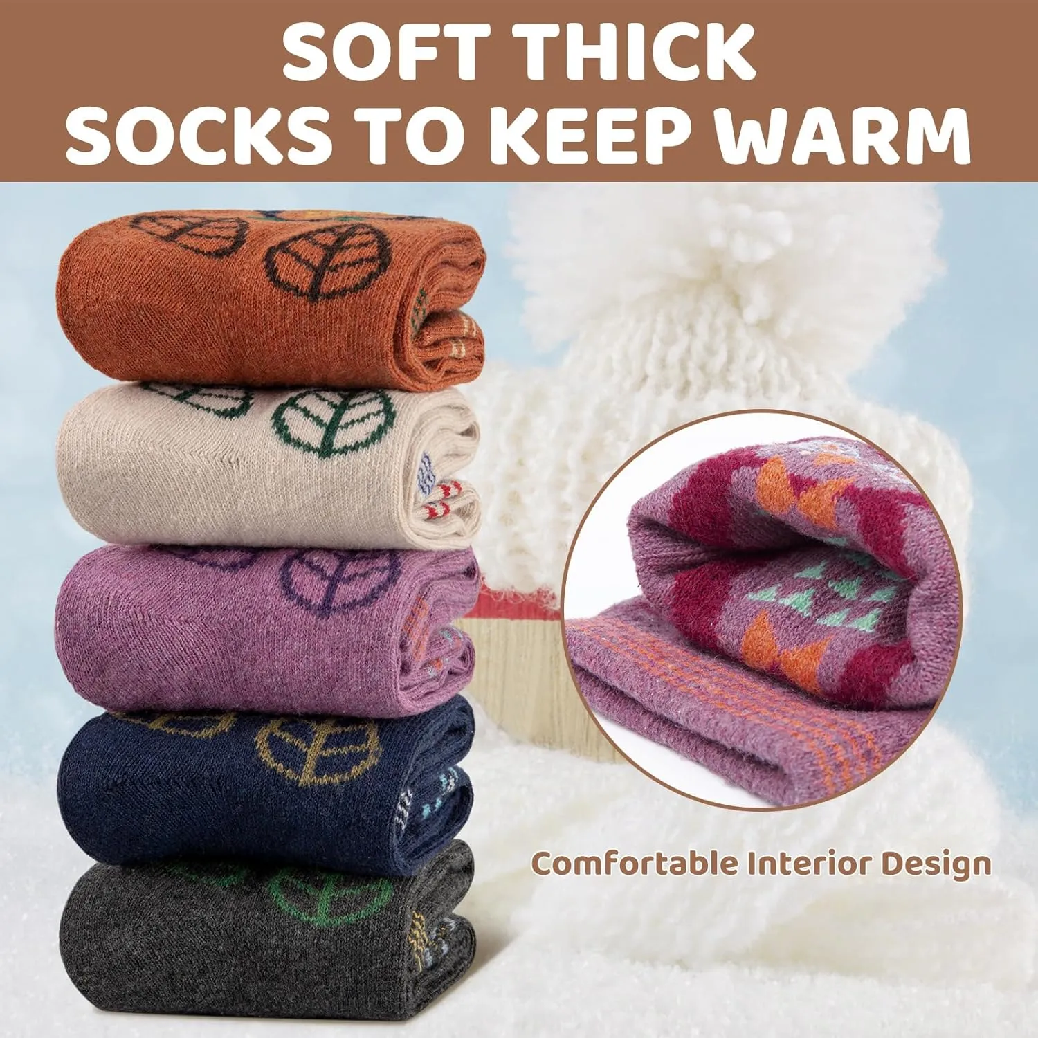 Justay 5 Pairs Womens Wool Socks Thick Warm Winter Socks Casual Cozy Socks Vintage Knit Crew Socks Gift for Women