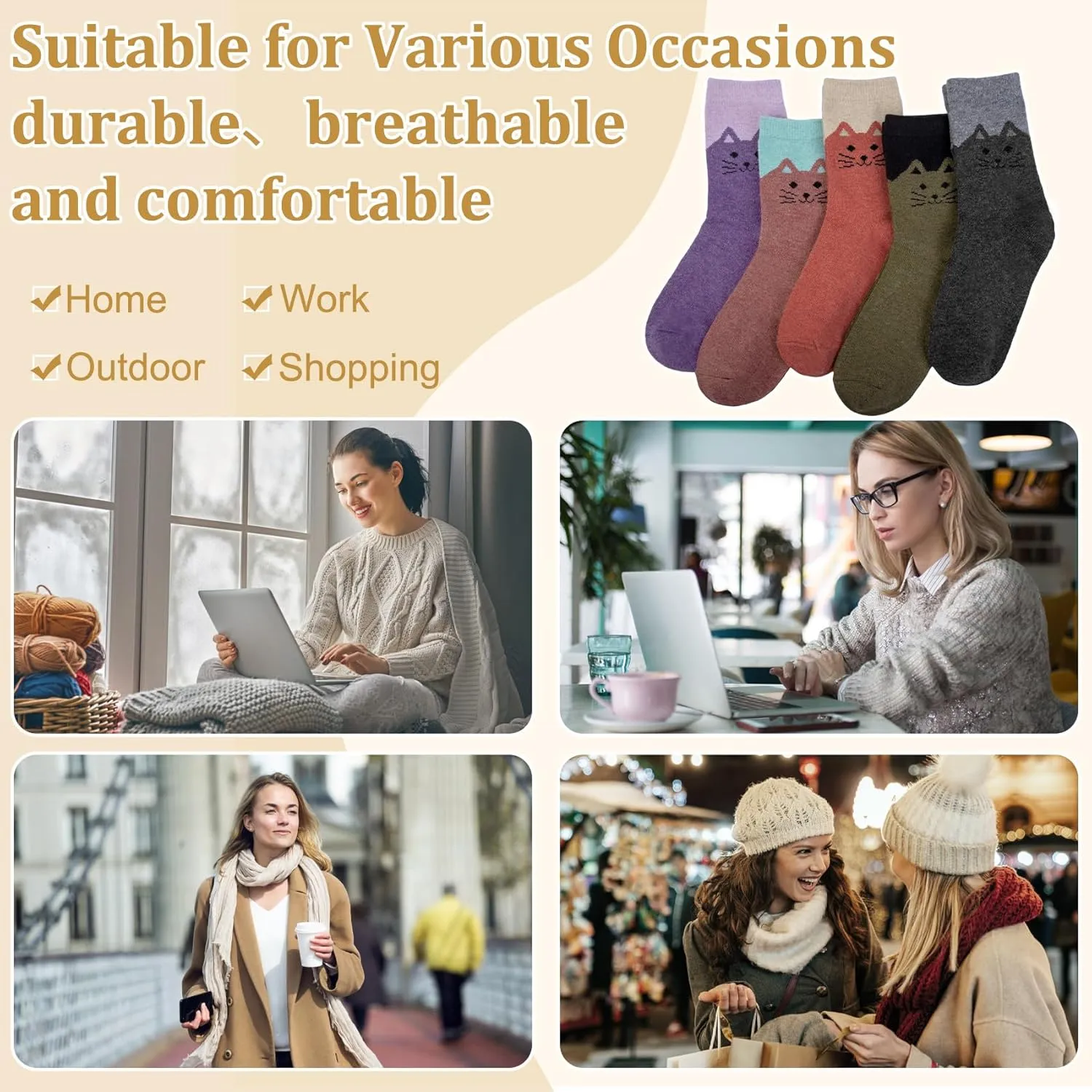 Justay 5 Pairs Womens Wool Socks Thick Warm Winter Socks Casual Cozy Socks Vintage Knit Crew Socks Gift for Women