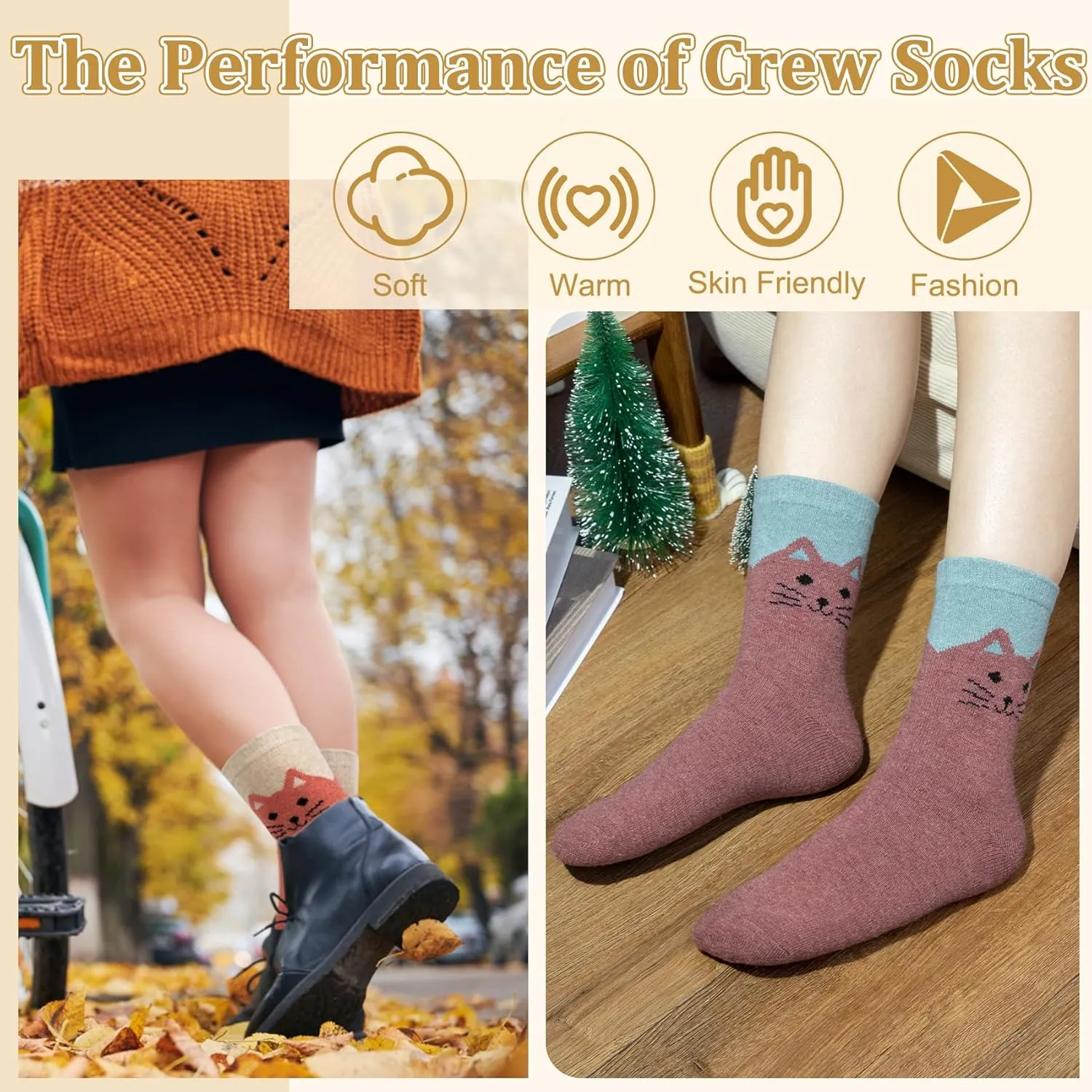 Justay 5 Pairs Womens Wool Socks Thick Warm Winter Socks Casual Cozy Socks Vintage Knit Crew Socks Gift for Women