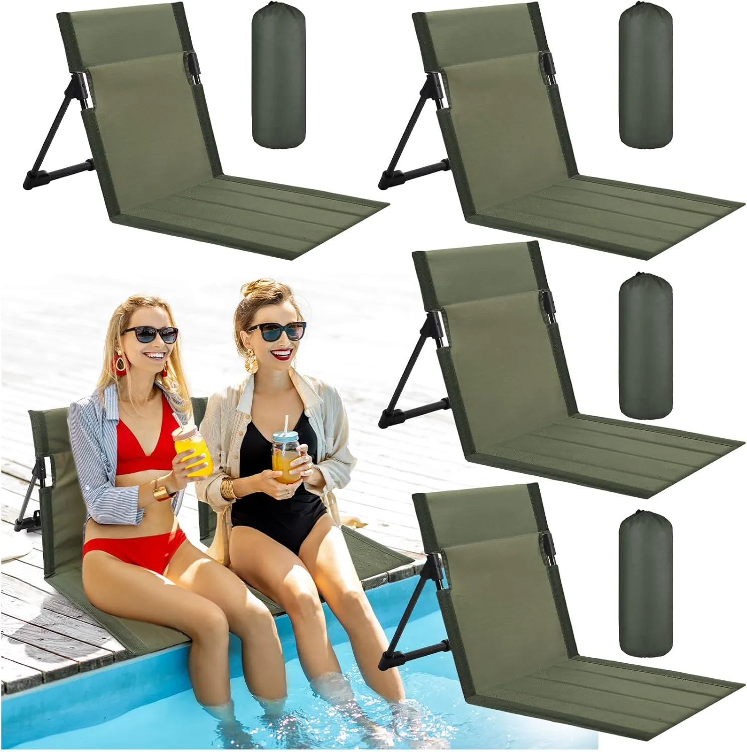 Karenhi 4 Pcs Foldable Pool Chairs Portable Poolside Chairs for Edge of Pool Provides Back Support with Carry Bag Foldable Seat for Poolside Beach Camping Picnic Lawn(Green)