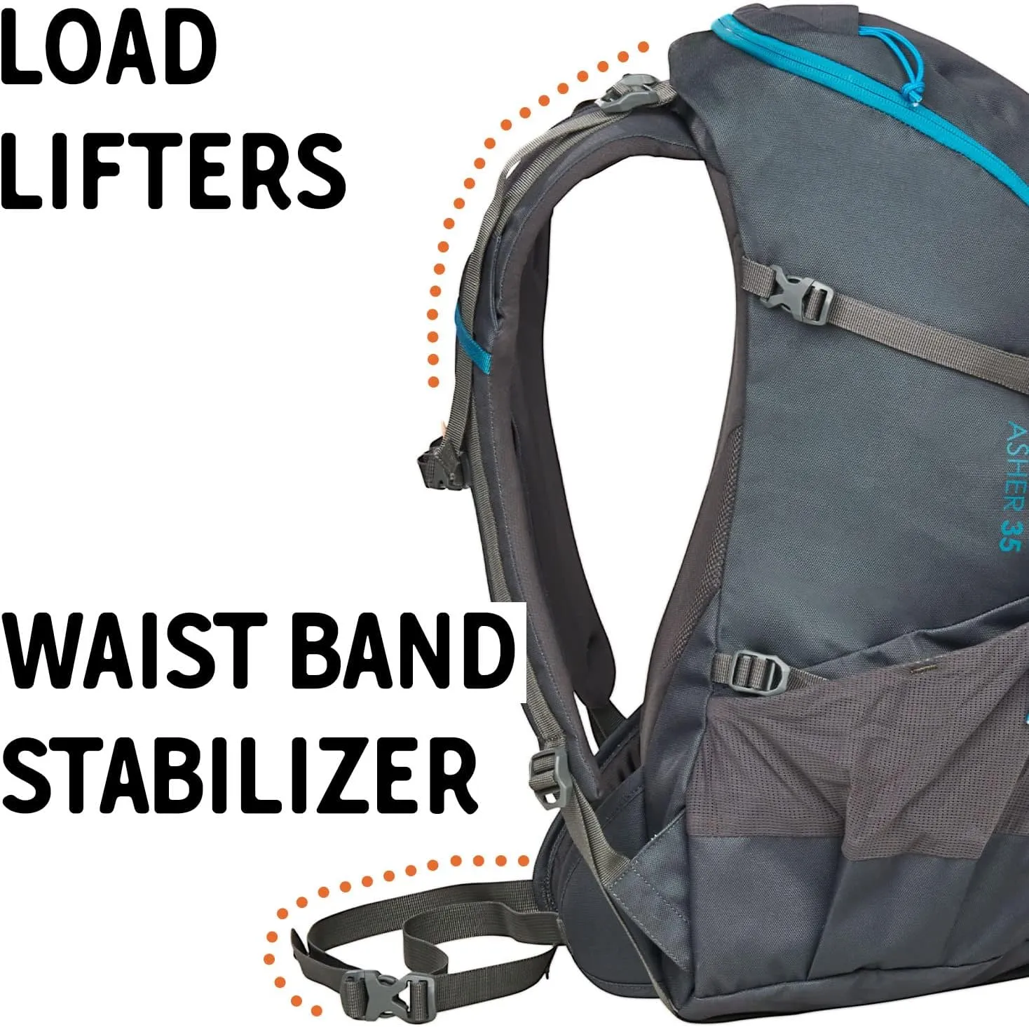 Kelty Asher Day Hiking Pack, 18-85 Liter Capacity, Hiking, Backpacking, Travel Pack, Internal Frame 2023 Model (35L Winter Moss)
