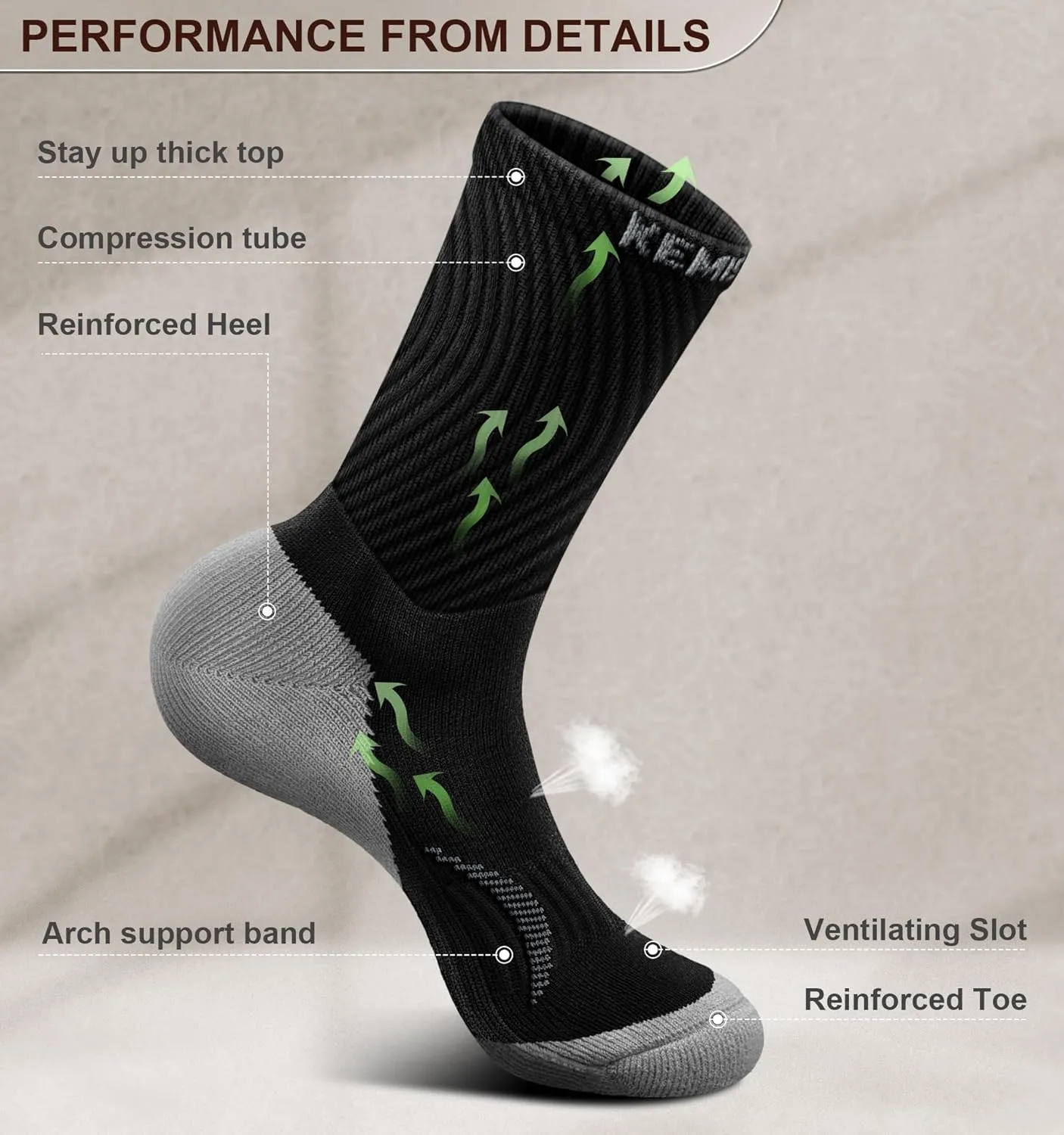 KEMISANT Men Socks, Athletic Crew Socks Compression for Men Sports Running Cushioned Footbed Arch Support