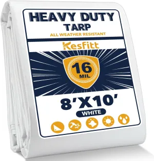 Kesfitt Tarp Heavy Duty Waterproof 8x10FT,16 Mil Thick Tarps Tear&Fade Resistant,UV Resistant,Poly Tarp Cover with Grommets and Reinforced Edges for Outdoor Camping Pools Boat Car(White)