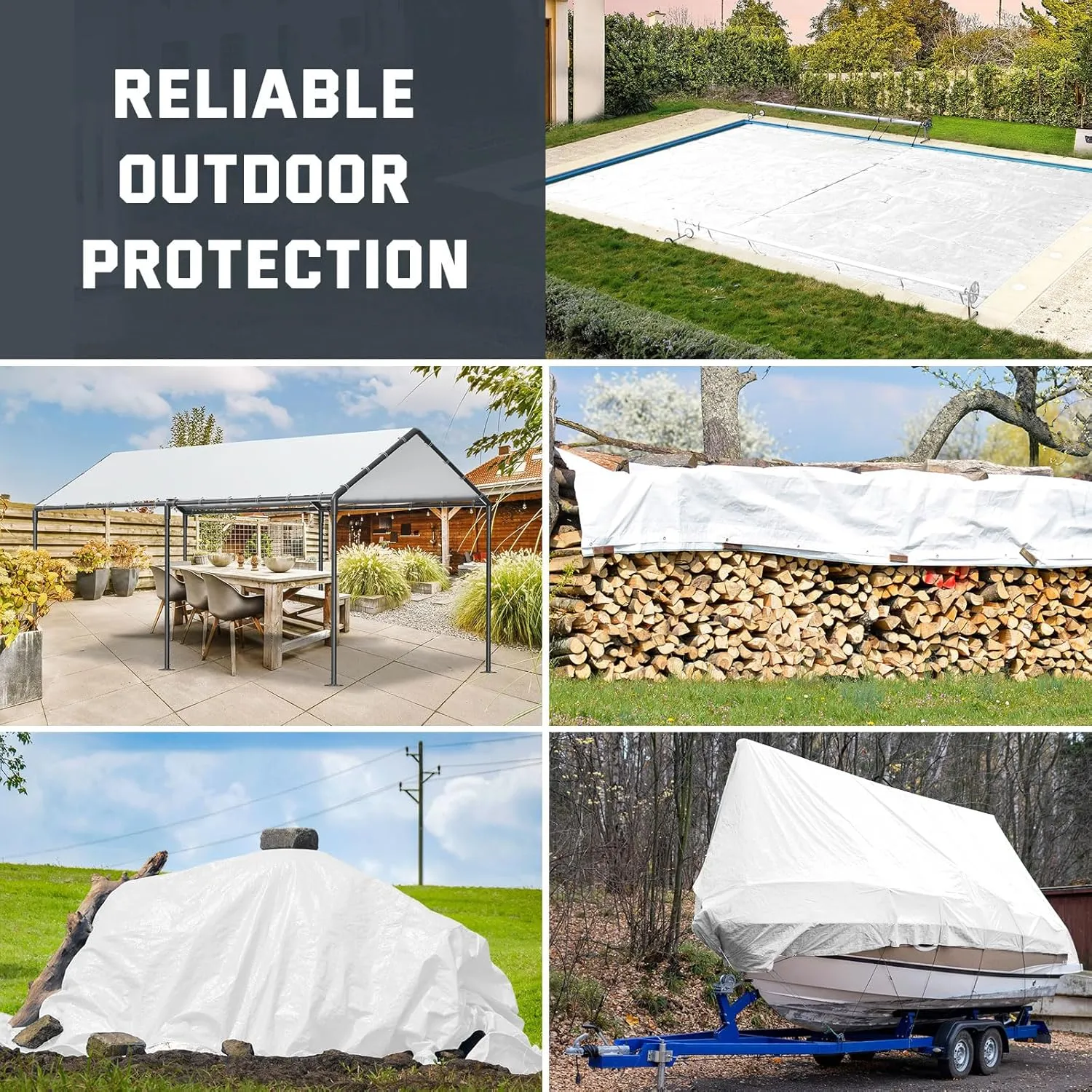 Kesfitt Tarp Heavy Duty Waterproof 8x10FT,16 Mil Thick Tarps Tear&Fade Resistant,UV Resistant,Poly Tarp Cover with Grommets and Reinforced Edges for Outdoor Camping Pools Boat Car(White)