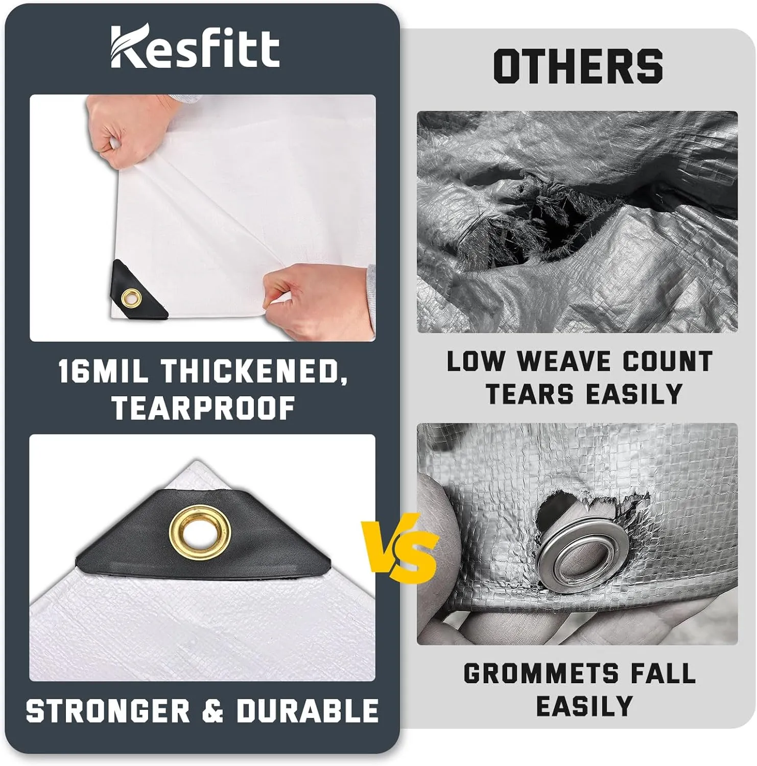 Kesfitt Tarp Heavy Duty Waterproof 8x10FT,16 Mil Thick Tarps Tear&Fade Resistant,UV Resistant,Poly Tarp Cover with Grommets and Reinforced Edges for Outdoor Camping Pools Boat Car(White)