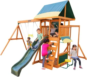 KidKraft Brightside Wooden Swing Set with Café Area and Stools