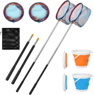 Kids Fishing Net, 2 Pack Telescopic Fishing Landing Net with Aluminum Pole Handle for Kids, Collapsible Bucket Kids Sand Pail, Fishing Net Butterfly Nets for Kids, Outdoor Playing