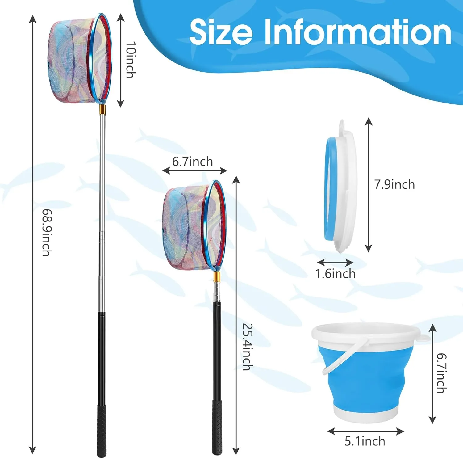 Kids Fishing Net, 2 Pack Telescopic Fishing Landing Net with Aluminum Pole Handle for Kids, Collapsible Bucket Kids Sand Pail, Fishing Net Butterfly Nets for Kids, Outdoor Playing