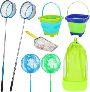 Kids Fishing Net, 2 Pack Telescopic Fishing Net with Handle, Collapsible Kids Bucket Sand Pail, Stainless Steel Foldable Fishing Net Small Fishing Butterfly Net Beach Shovel with Storage Bag
