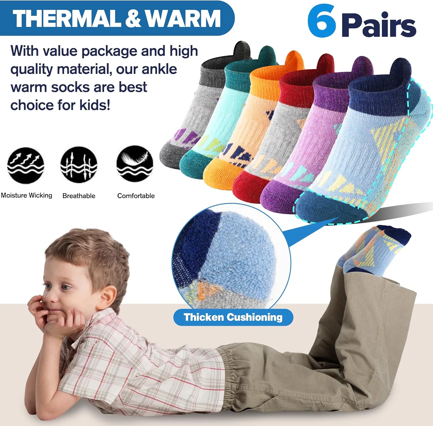 Kids Merino Wool Ankle Hiking Athletic Running Socks Girls Boys Teens Thermal Winter Cozy Warm Thick No Show Socks 6 Pairs