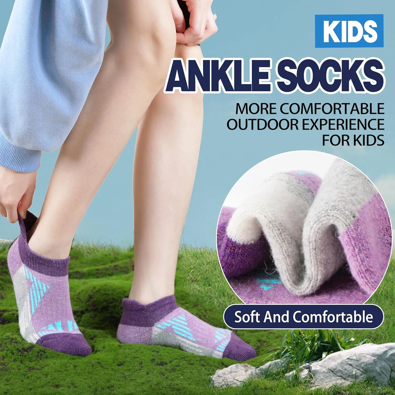 Kids Merino Wool Ankle Hiking Athletic Running Socks Girls Boys Teens Thermal Winter Cozy Warm Thick No Show Socks 6 Pairs