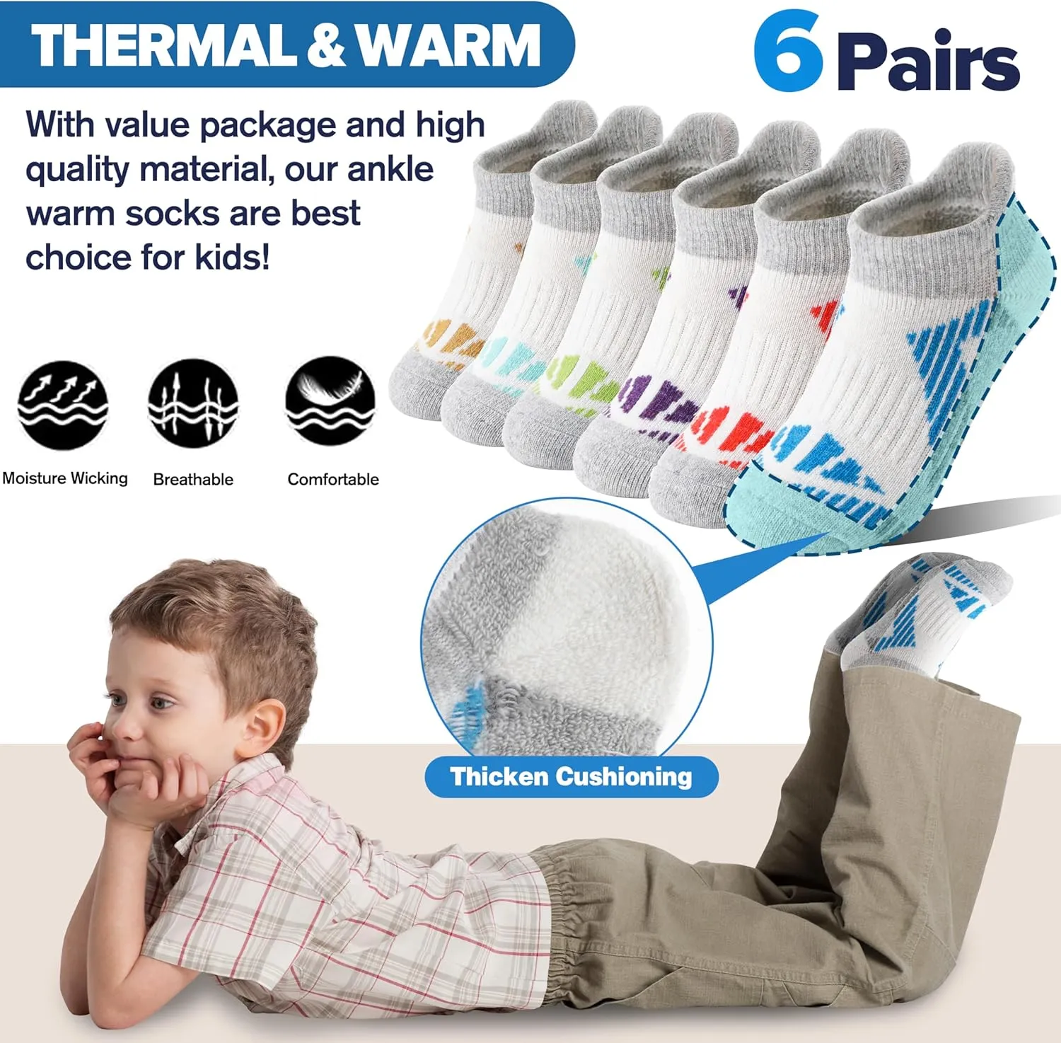 Kids Merino Wool Ankle Hiking Athletic Running Socks Girls Boys Teens Thermal Winter Cozy Warm Thick No Show Socks 6 Pairs