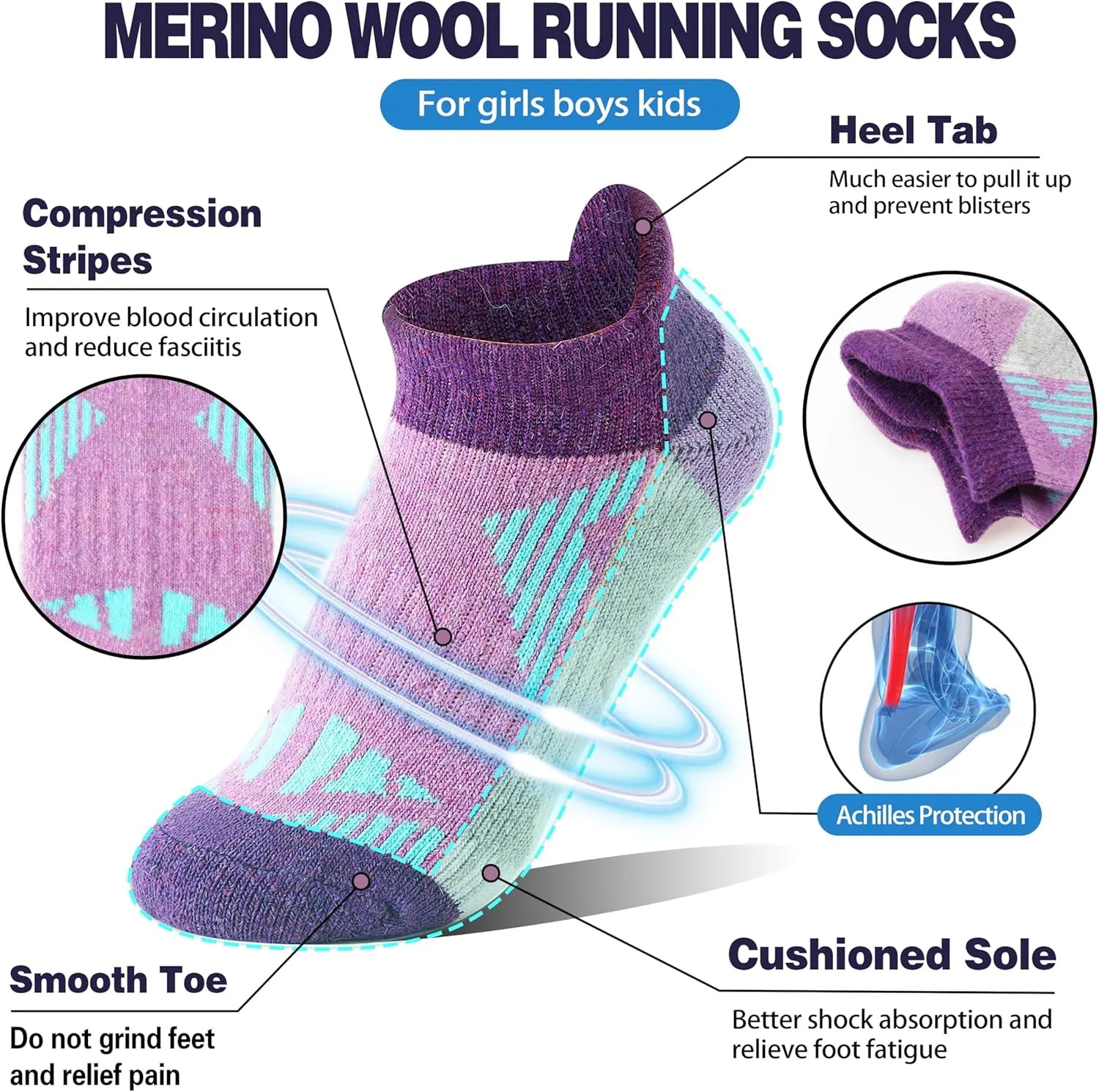 Kids Merino Wool Ankle Hiking Athletic Running Socks Girls Boys Teens Thermal Winter Cozy Warm Thick No Show Socks 6 Pairs