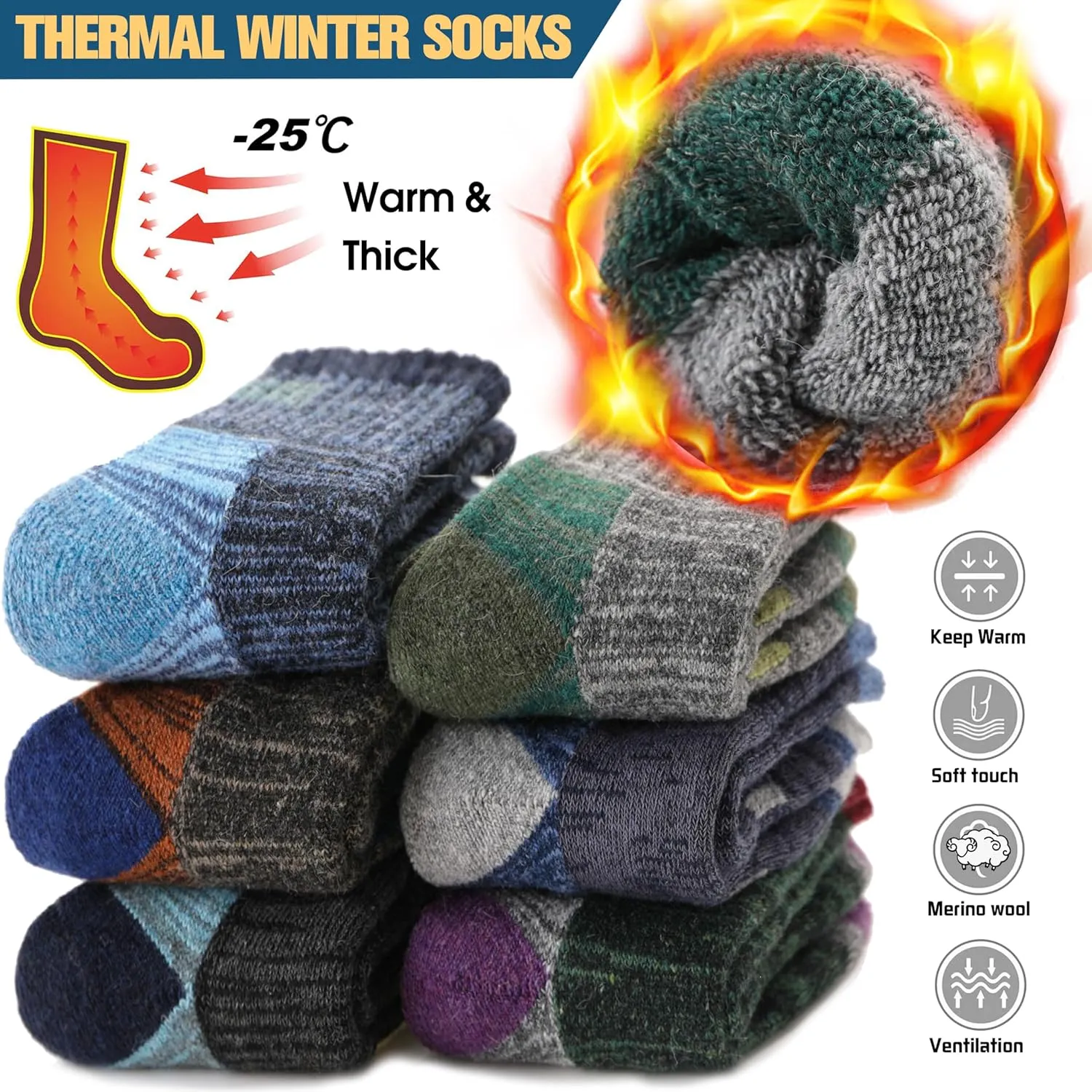 Kids Merino Wool Hiking Socks Boys Girls Toddler Thermal Winter Warm Thick Cushioned Moisture Wicking Socks 6 Pairs