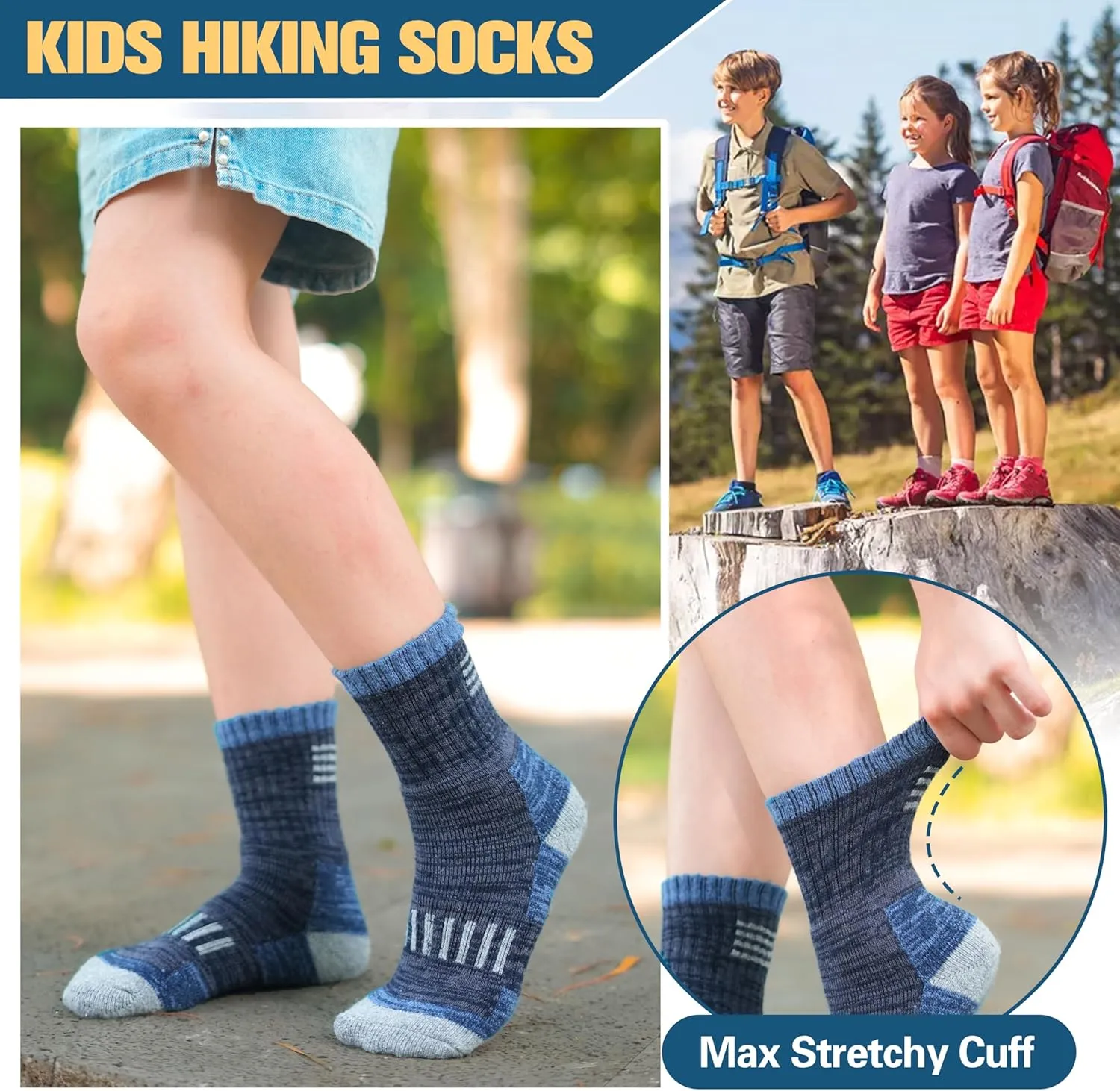 Kids Merino Wool Hiking Socks Boys Girls Toddler Thermal Winter Warm Thick Cushioned Moisture Wicking Socks 6 Pairs