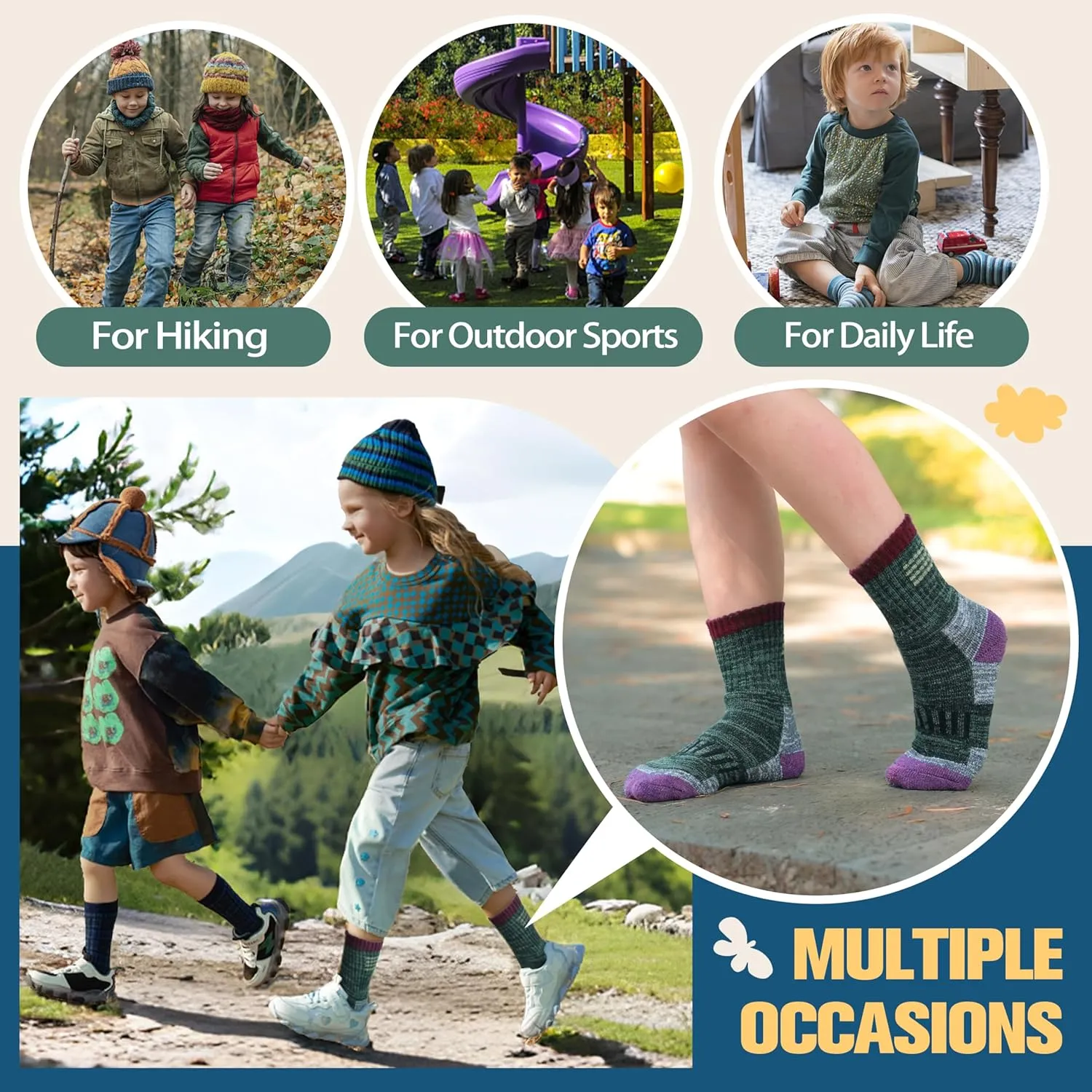 Kids Merino Wool Hiking Socks Boys Girls Toddler Thermal Winter Warm Thick Cushioned Moisture Wicking Socks 6 Pairs