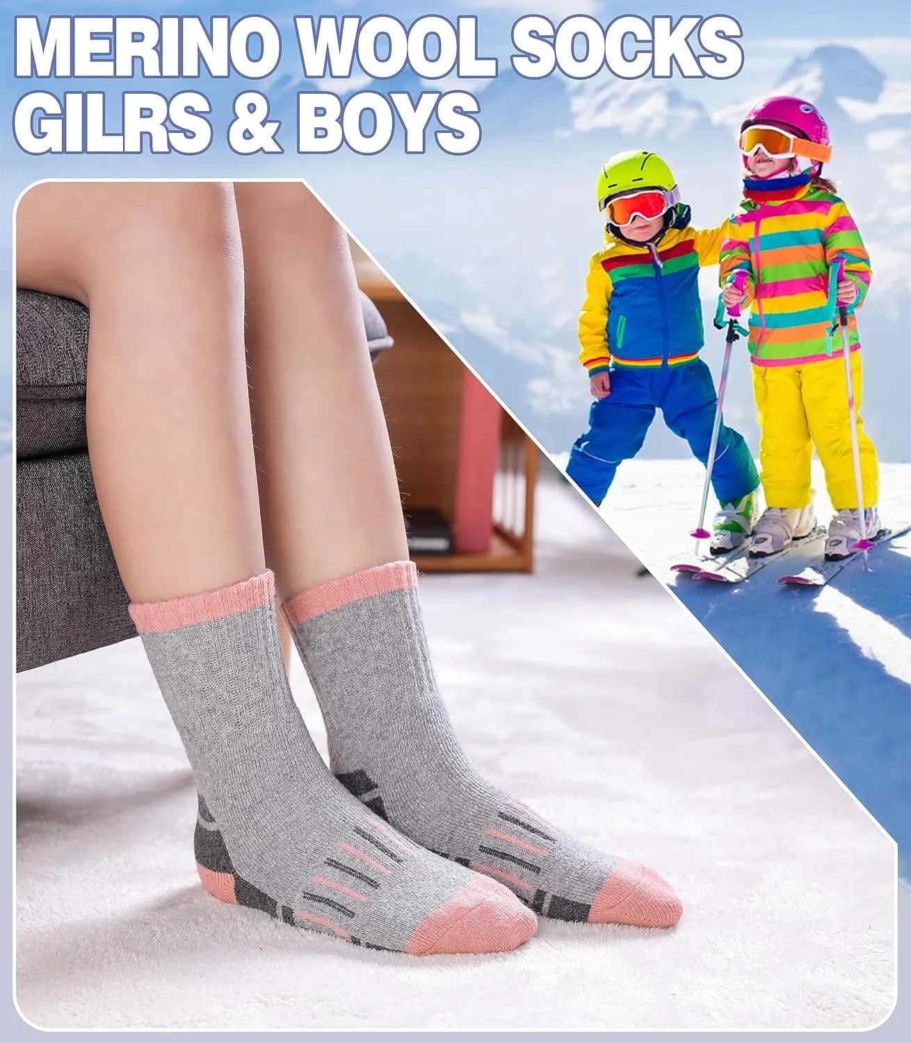 Kids Merino Wool Hiking Socks Boys Girls Toddlers Winter Warm Thick Thermal Cushion Crew Gift Socks 6 Pairs