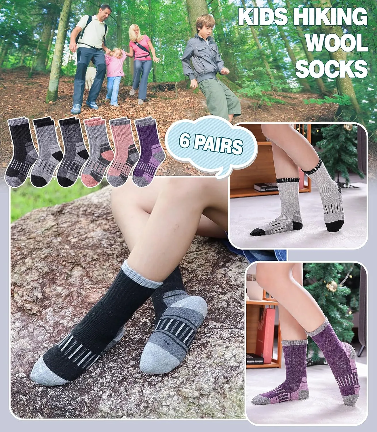 Kids Merino Wool Hiking Socks Boys Girls Toddlers Winter Warm Thick Thermal Cushion Crew Gift Socks 6 Pairs